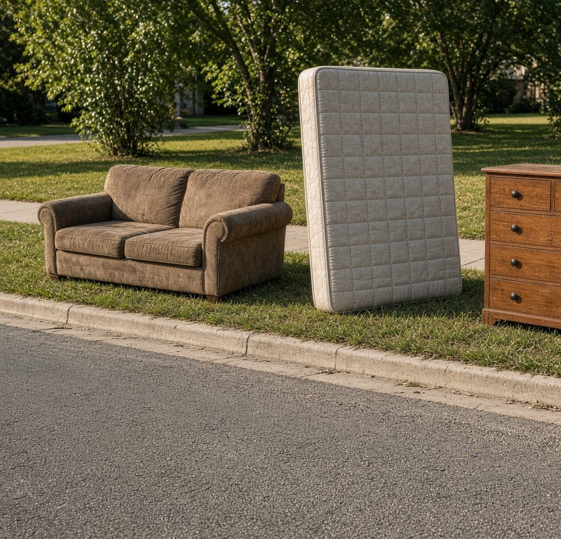 Couch, mattress, and dresser at the curb