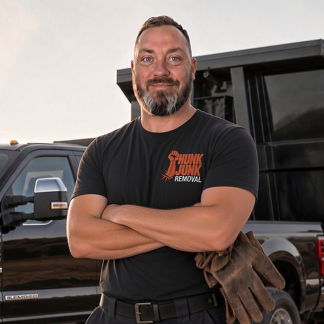 Martin Myers, owner of Hunk Junk Removal, standing in front of the truck